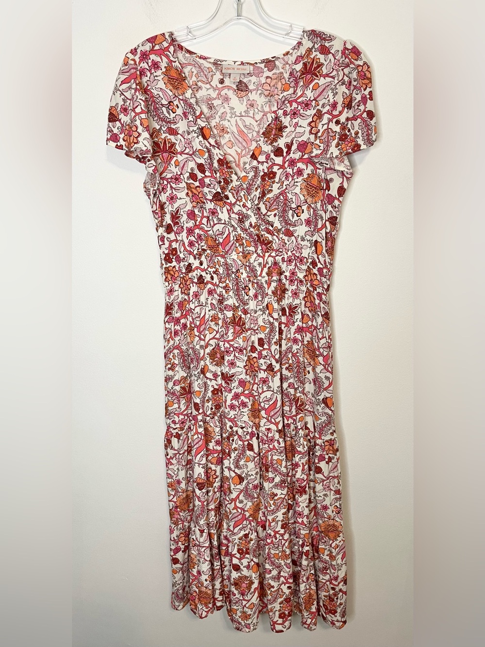 Knox Rose Floral V Neck Midi Dress with Short Flutter Sleeves, Tiered Skirt. Med